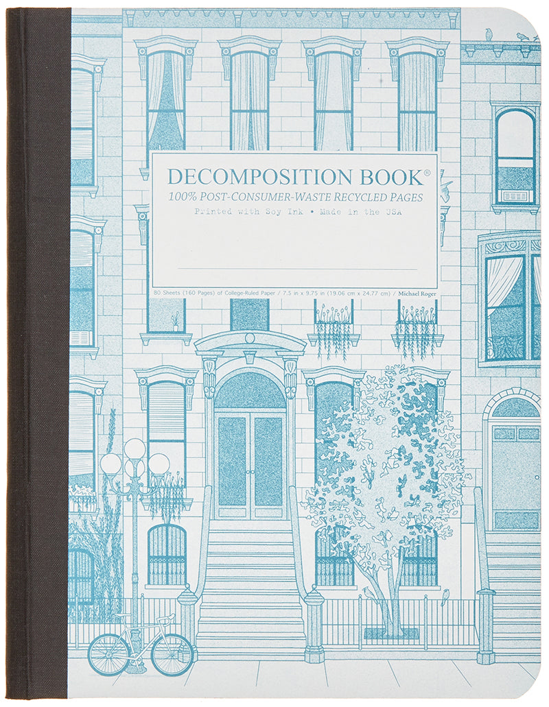 Composition notebook printed with an urban residential streetscape in blue