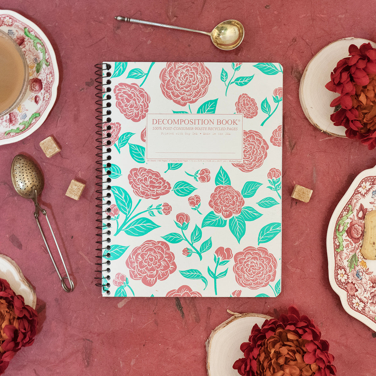 Spiral notebook printed with large flowers in pink and green