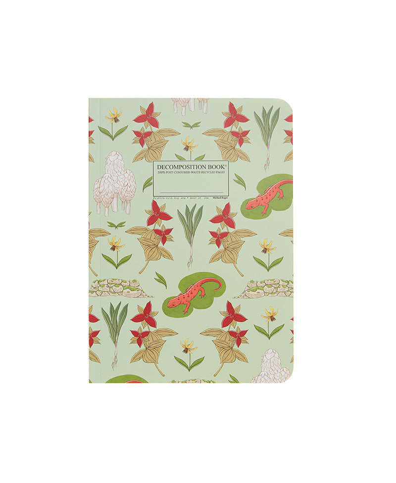 Notebook printed with flowers, salamanders and mushrooms on light green