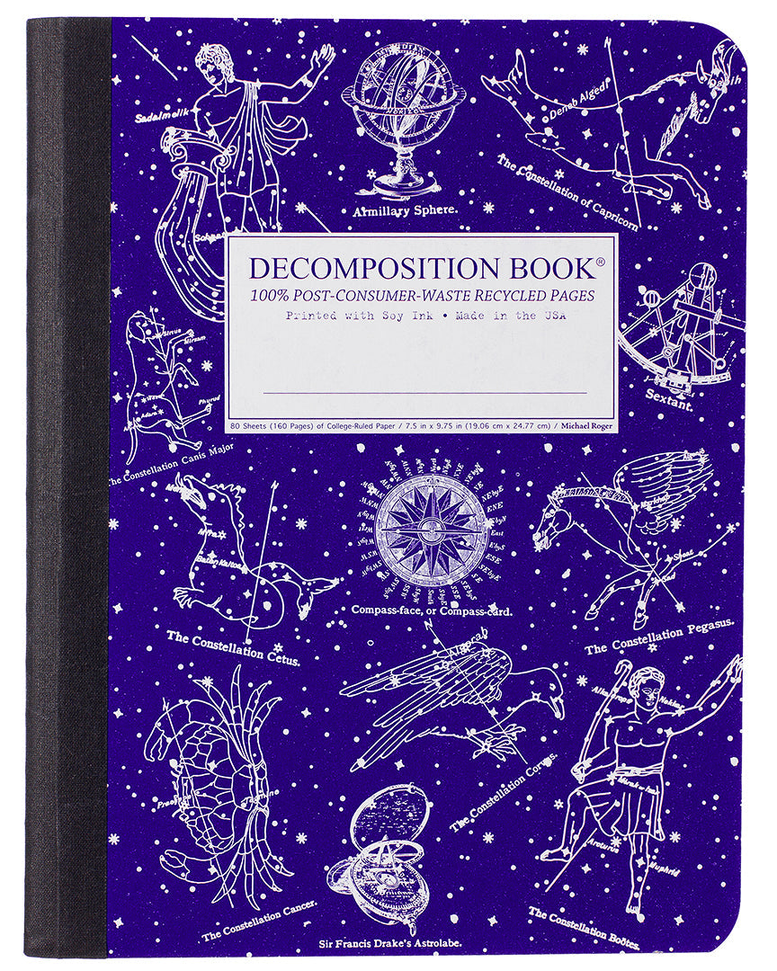 Composition notebook printed with stars and vintage constellation illustrations in blue