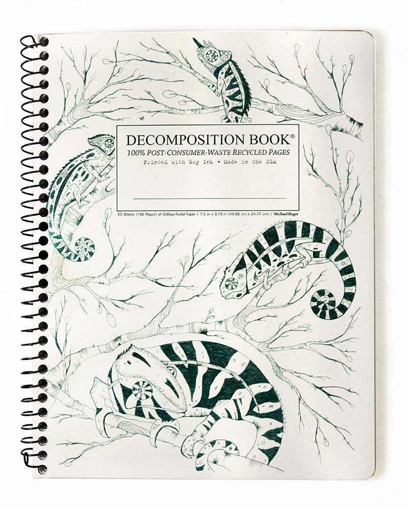 Spiral notebook printed with chameleons in green