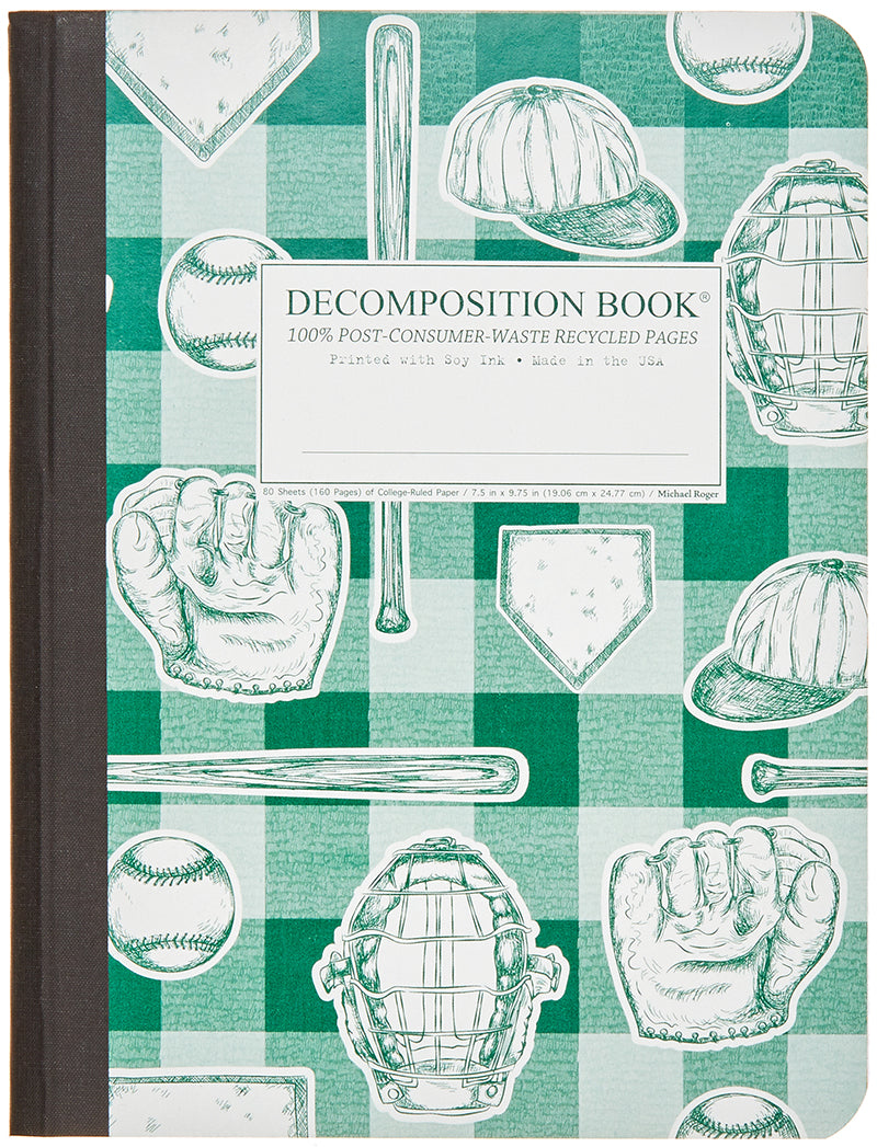 Composition notebook printed with vintage baseball equipment in green