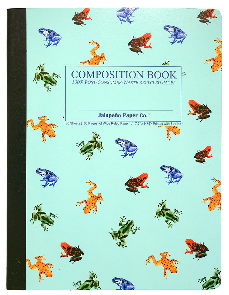 Composition notebook printed with colorful frogs on a light blue background