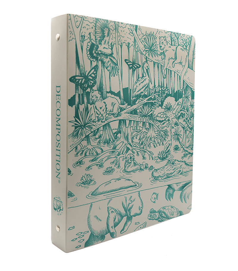 Gray plastic binder printed with swamp-dwelling animals