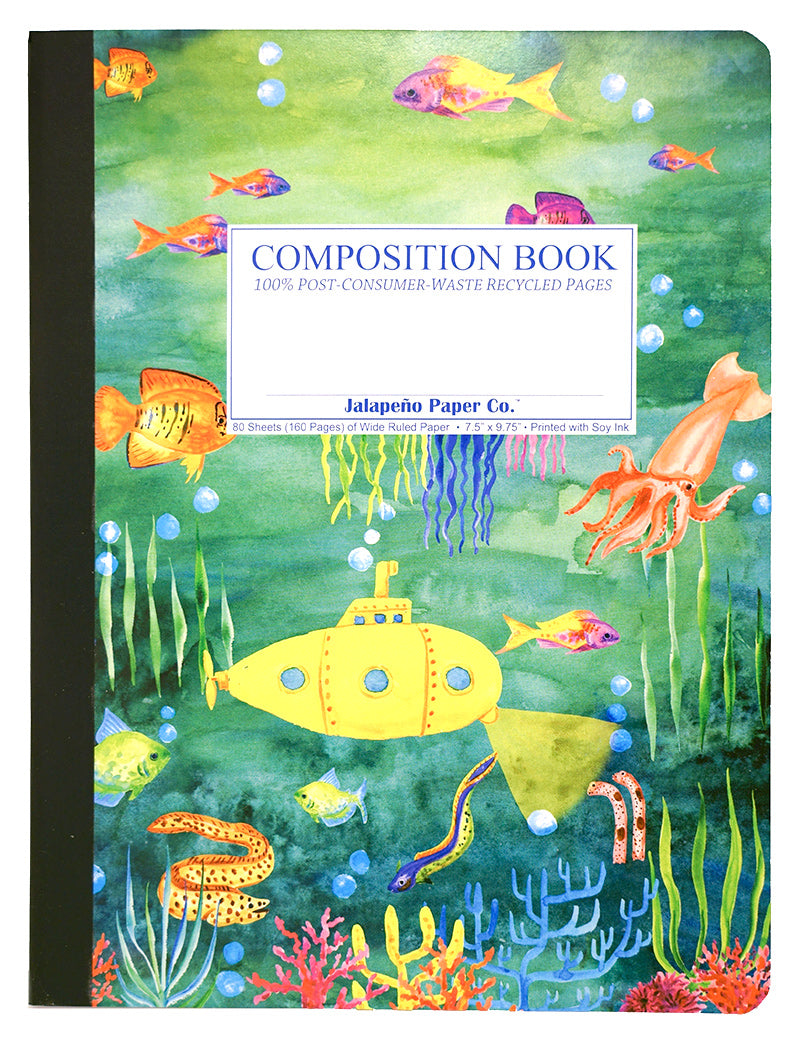 Composition notebook printed with vibrant sea life and a yellow submarine