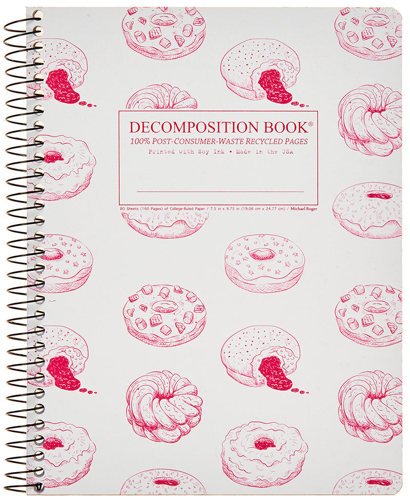 Spiral notebook printed with a pattern of pink doughnuts