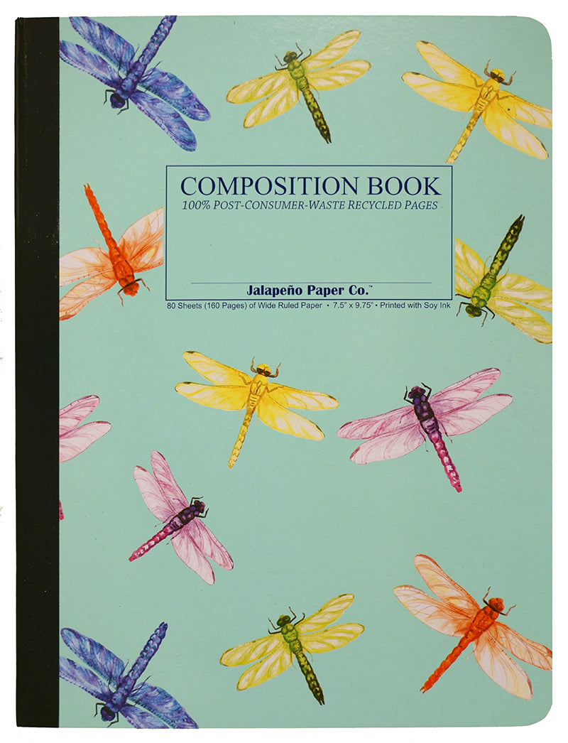 Composition notebook printed with vibrantly colorful dragonflies