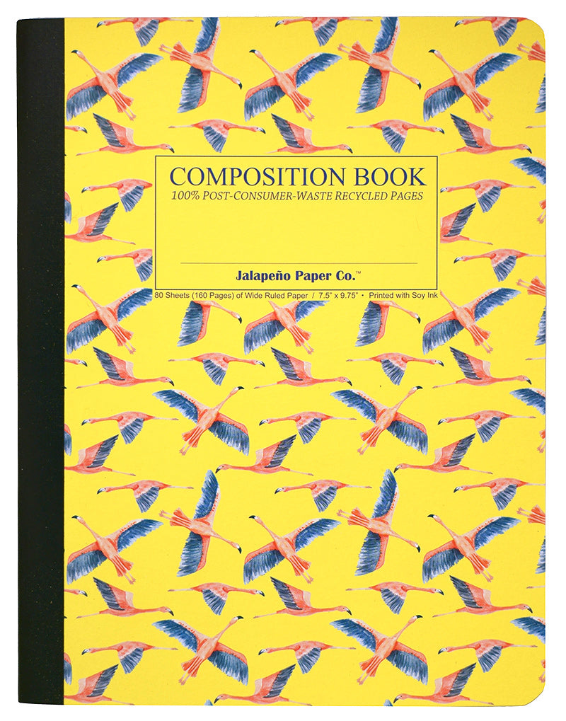 Composition notebook printed with pink flamingoes on yellow