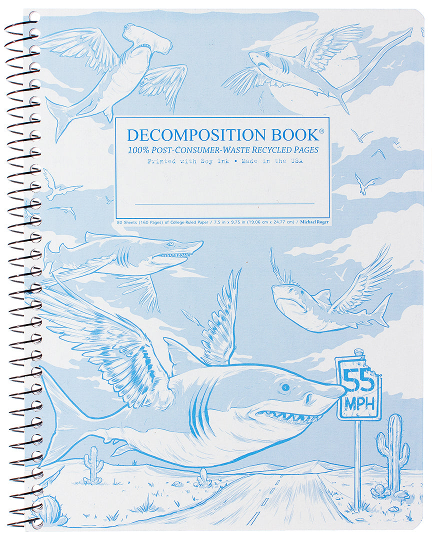 Spiral notebook printed with winged sharks in blue