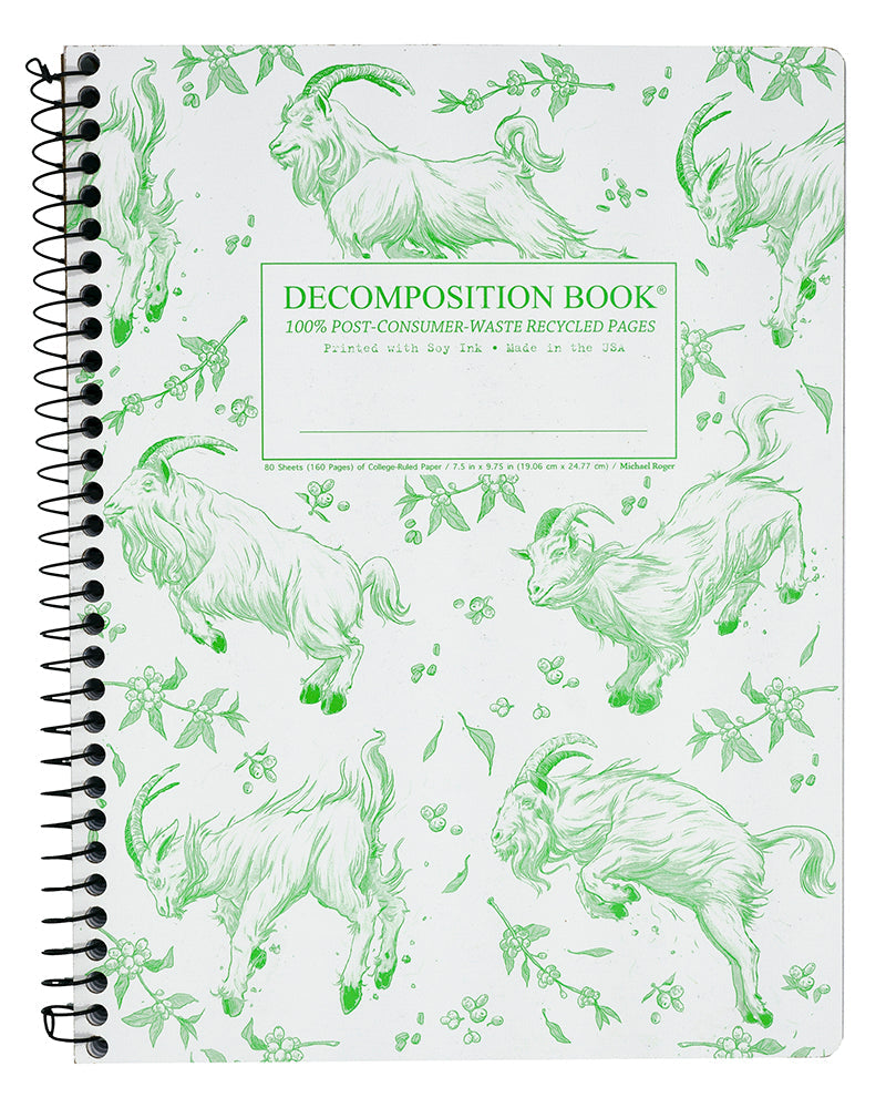 Spiral notebook printed with leaping goats in green