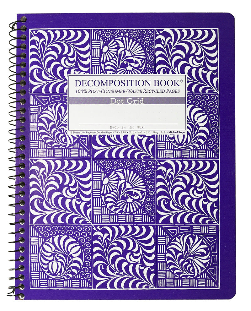 Spiral notebook printed with geometric vines in purple