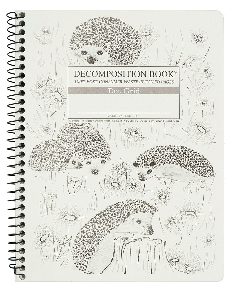 Spiral notebook printed with hedgehogs and flowers in gray