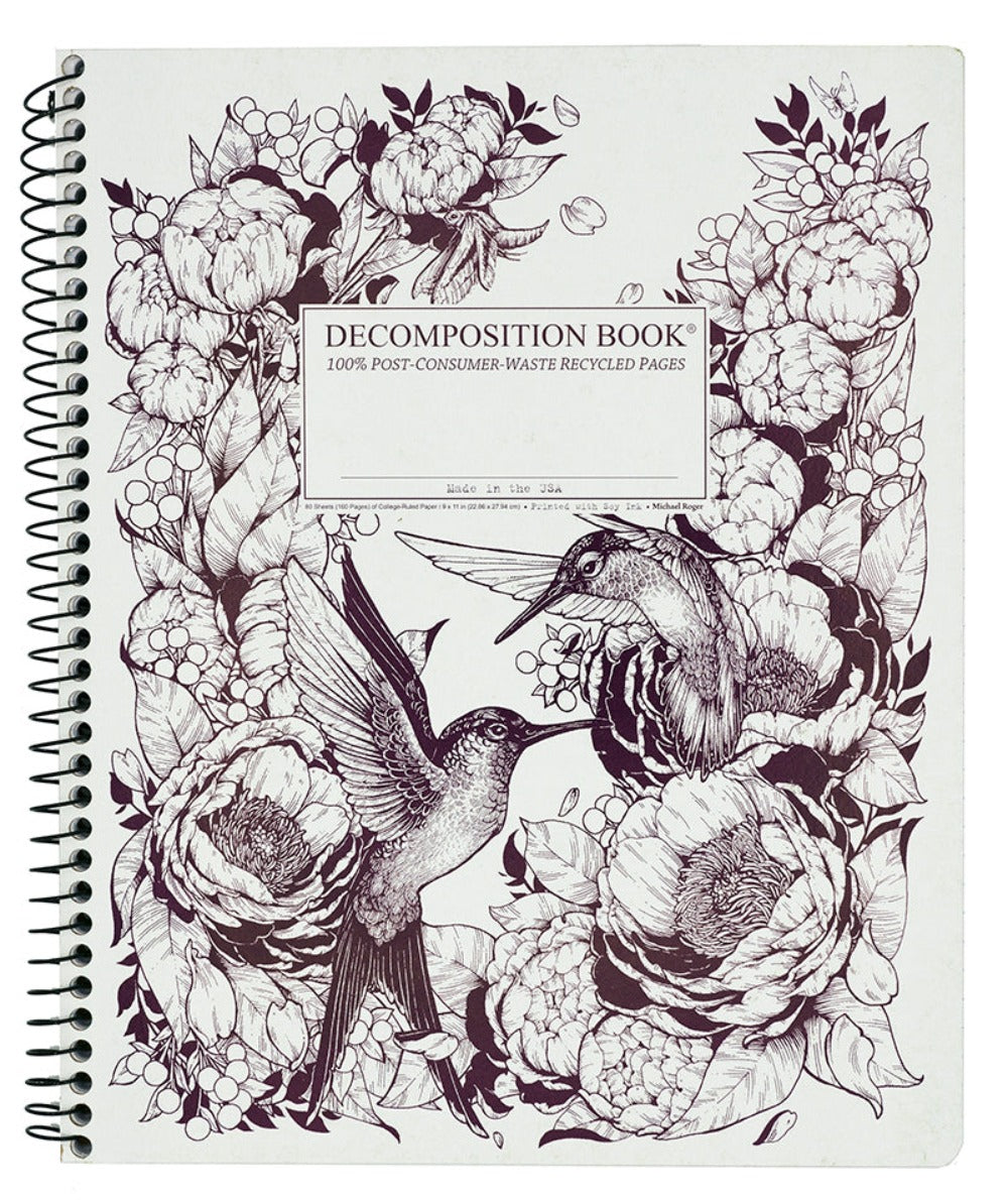 Spiral notebook printed with hummingbirds and flowers