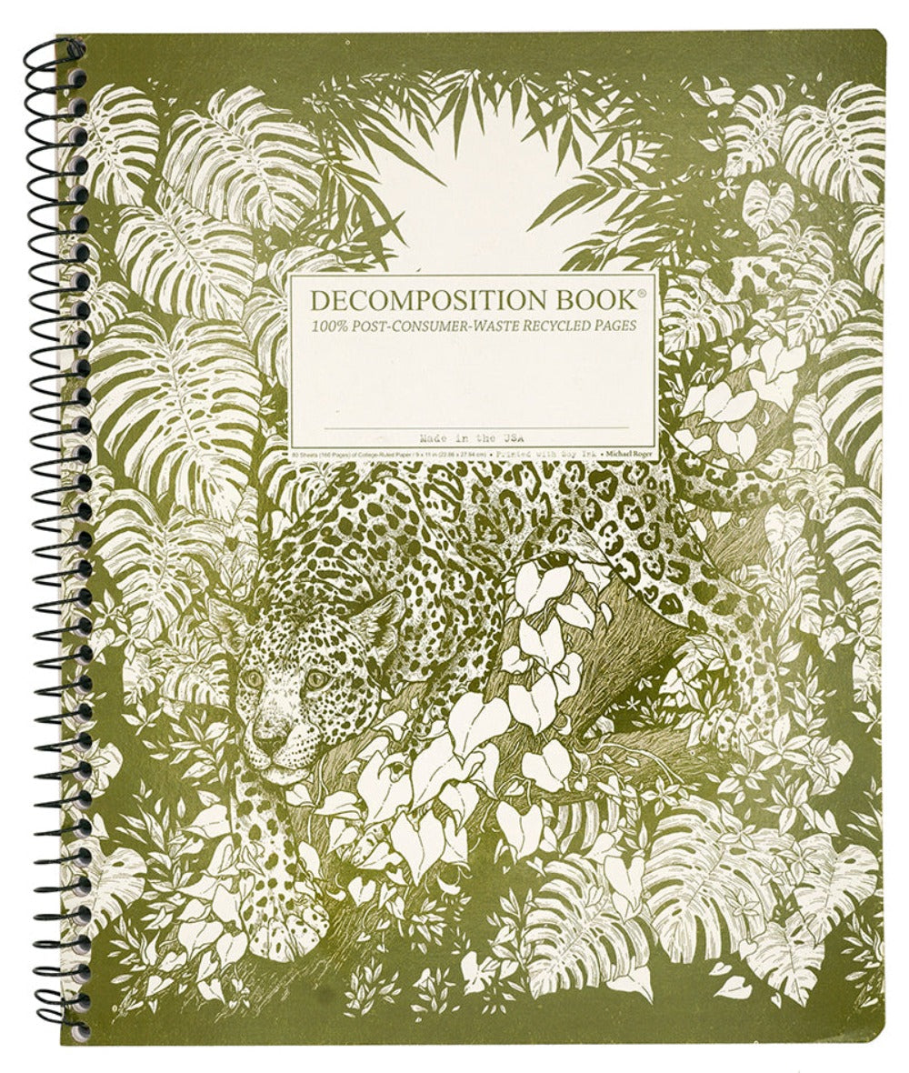 Spiral notebook printed with a jaguar crouched in a forest
