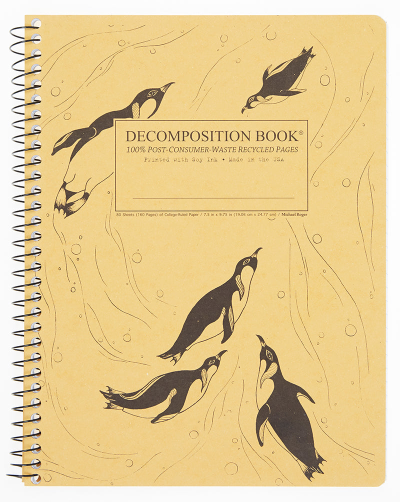 Spiral notebook printed with penguins swimming in black and yellow