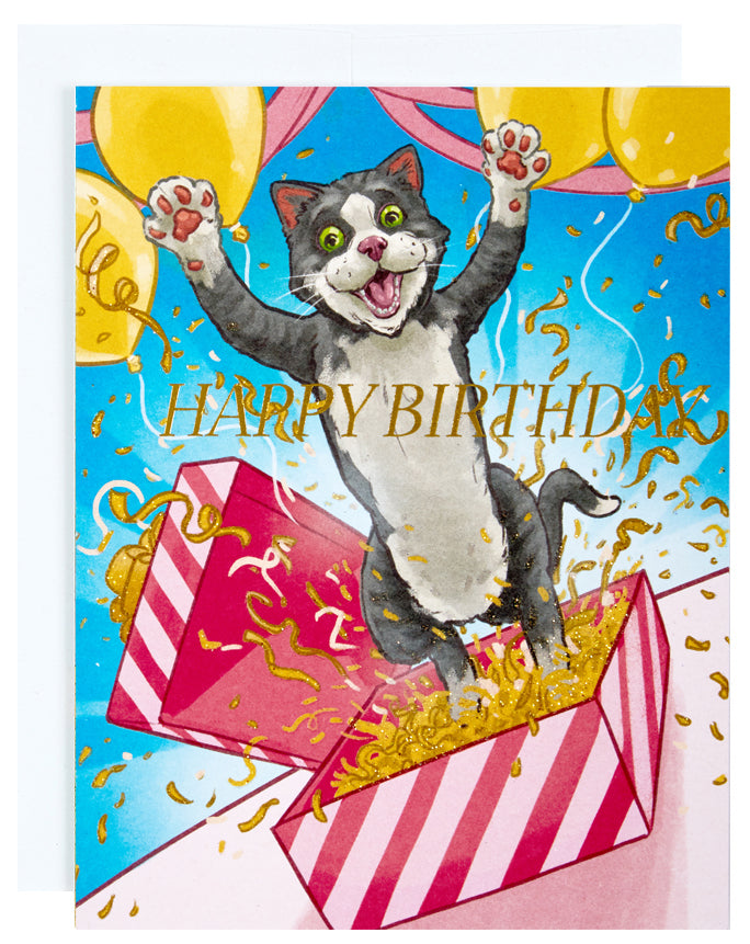 Greeting card featuring the text Happy Birthday and a cat leaping from a gift box