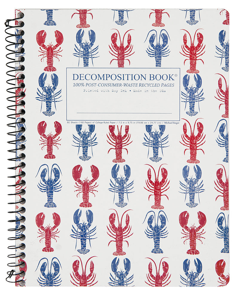 Spiral notebook printed with a pattern of red and blue lobsters