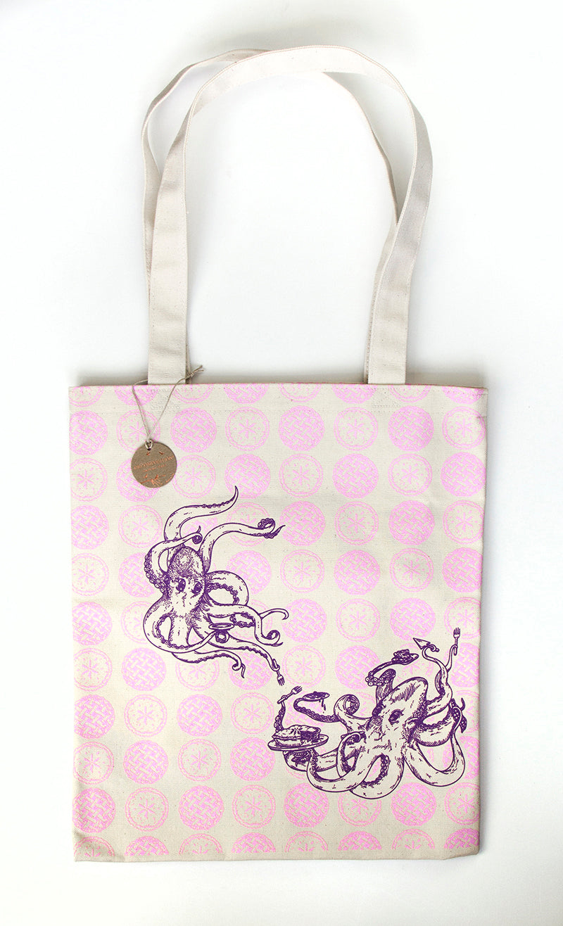 Canvas tote bag printed with octopuses serving pies