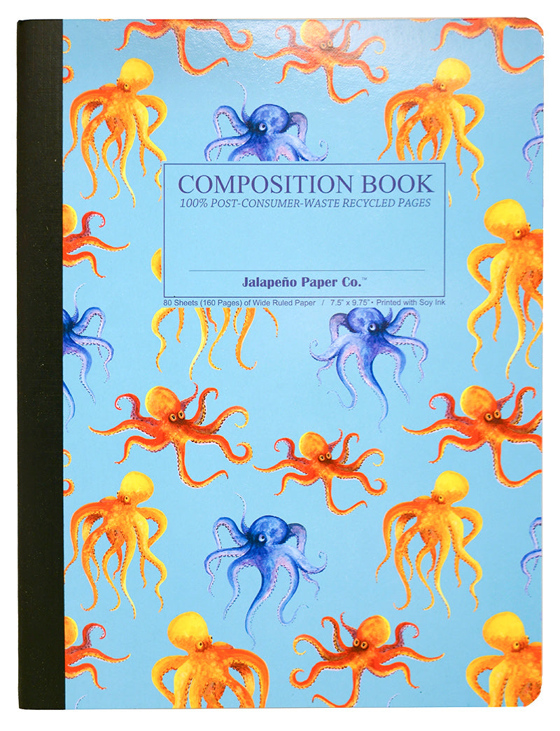 Composition notebook featuring colorful octopuses on a blue background