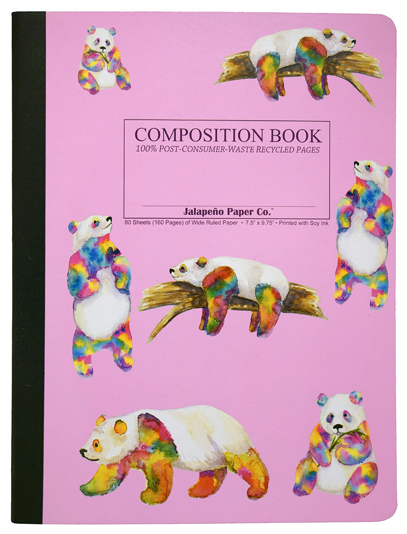 Composition notebook printed with rainbow-colored pandas on pink