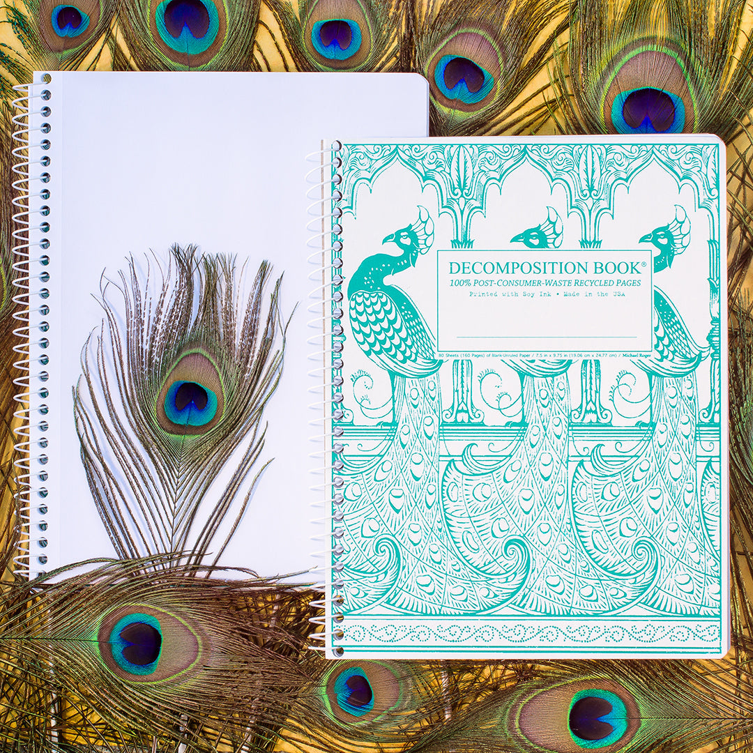 Spiral notebook printed with green peacocks