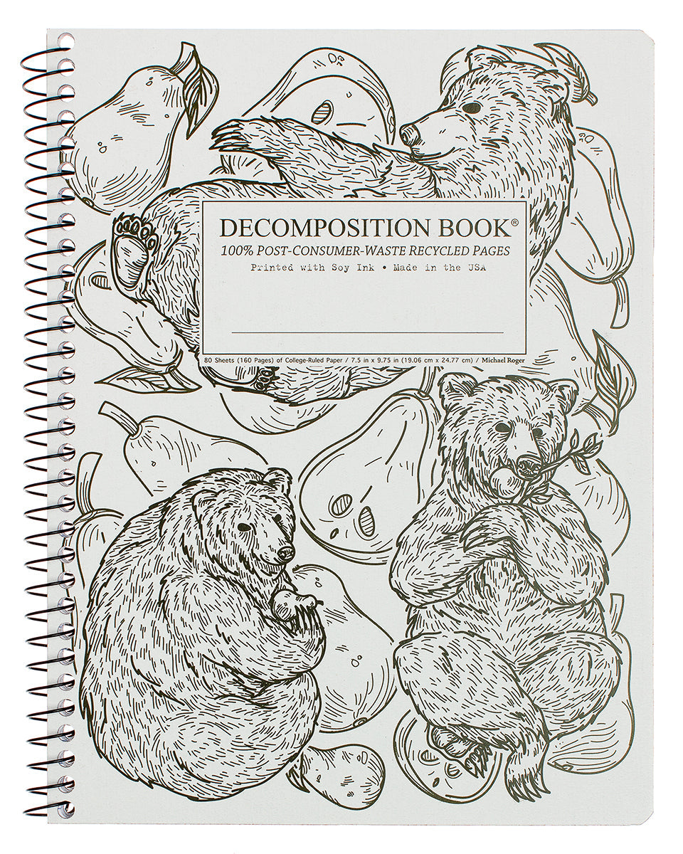 Spiral notebook printed with bears eating fruit