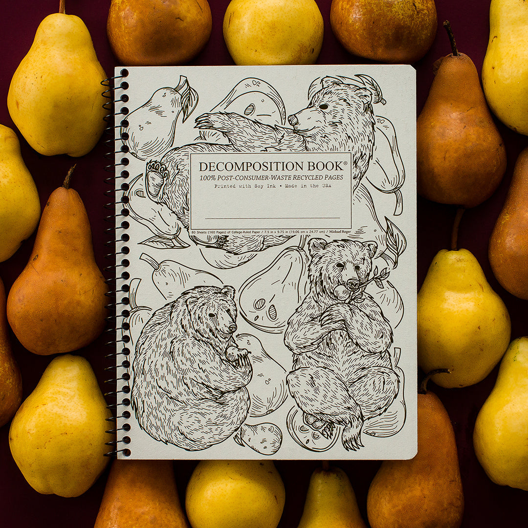 Spiral notebook printed with bears eating fruit