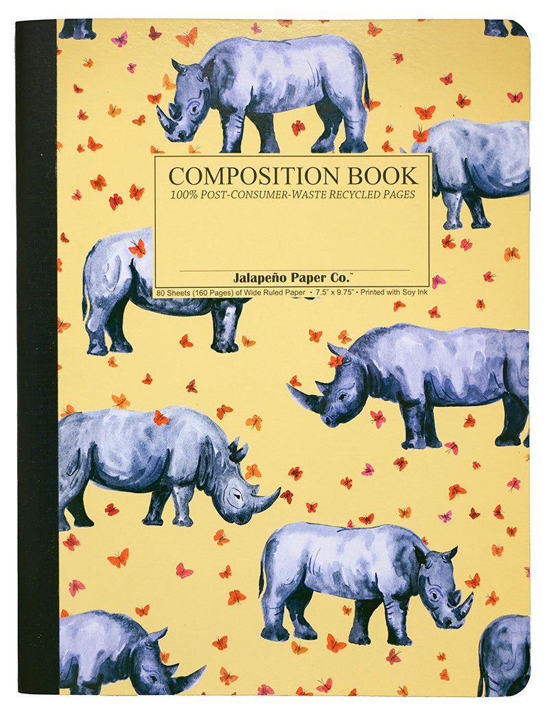 Composition notebook printed with rhinoceroses and butterflies
