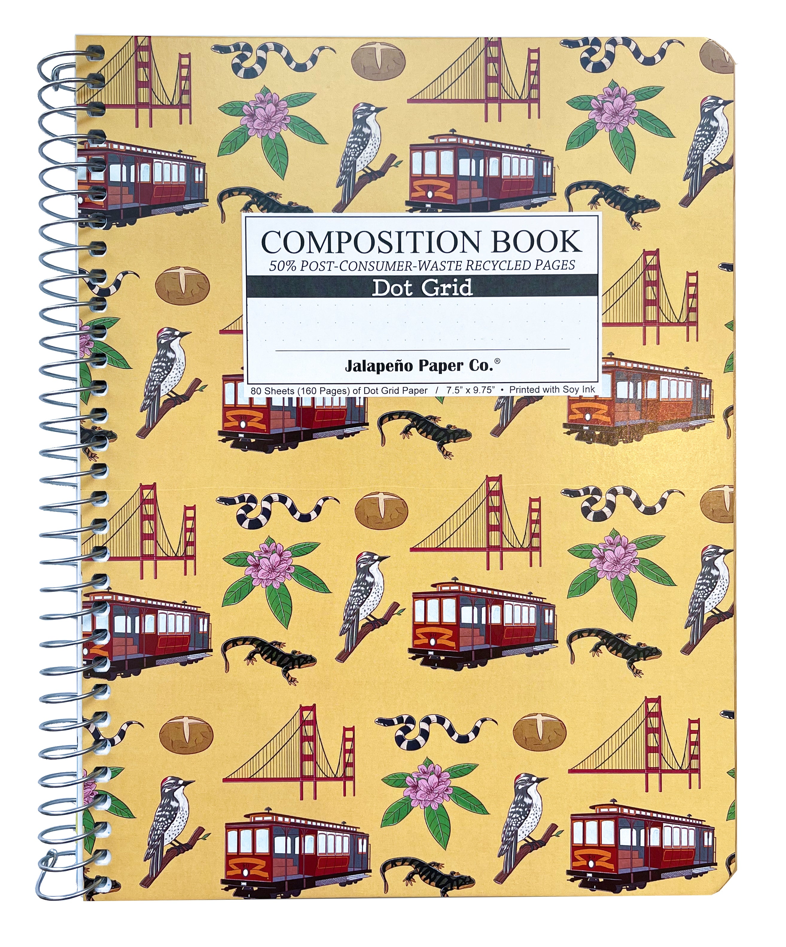 Spiral notebook printed with trolleys, bridges and wildlife