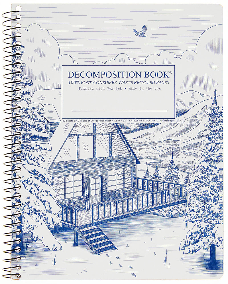 Spiral notebook printed with a snowy ski cabin in blue