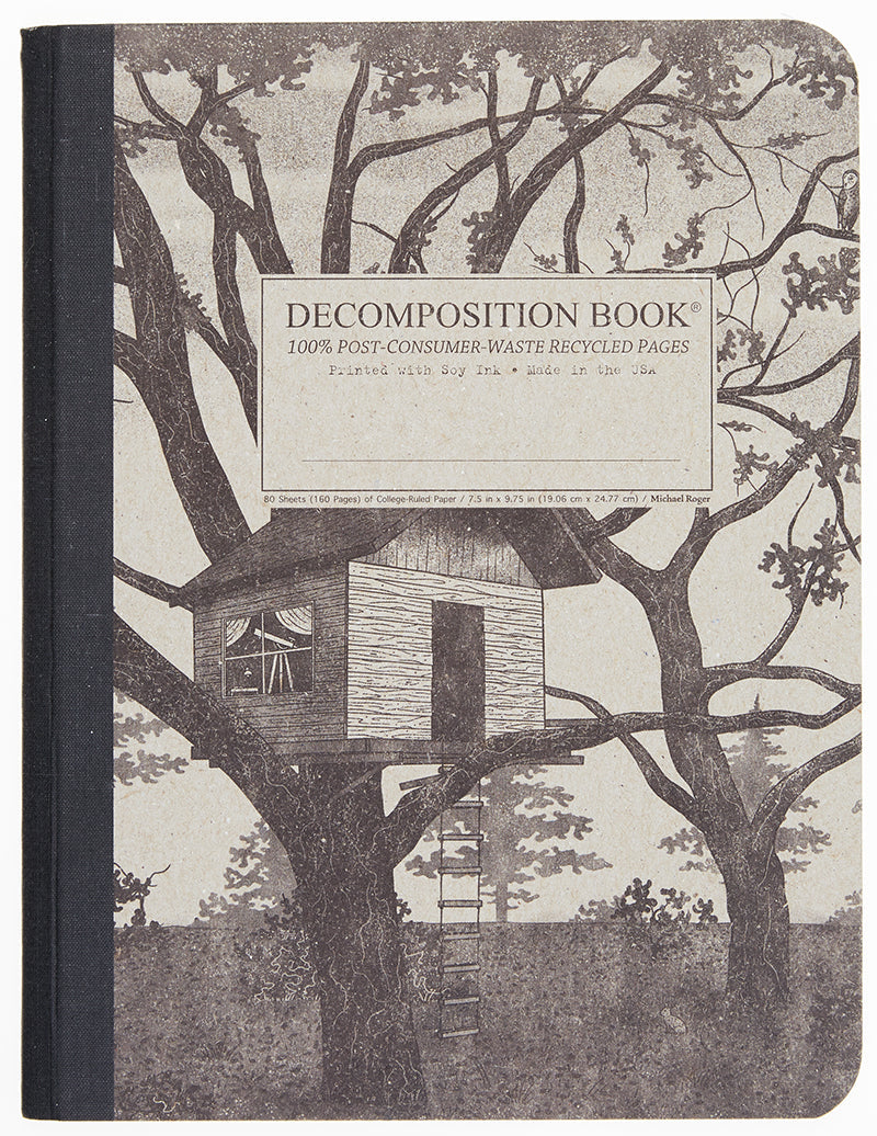 Composition notebook printed with a treehouse in gray and black