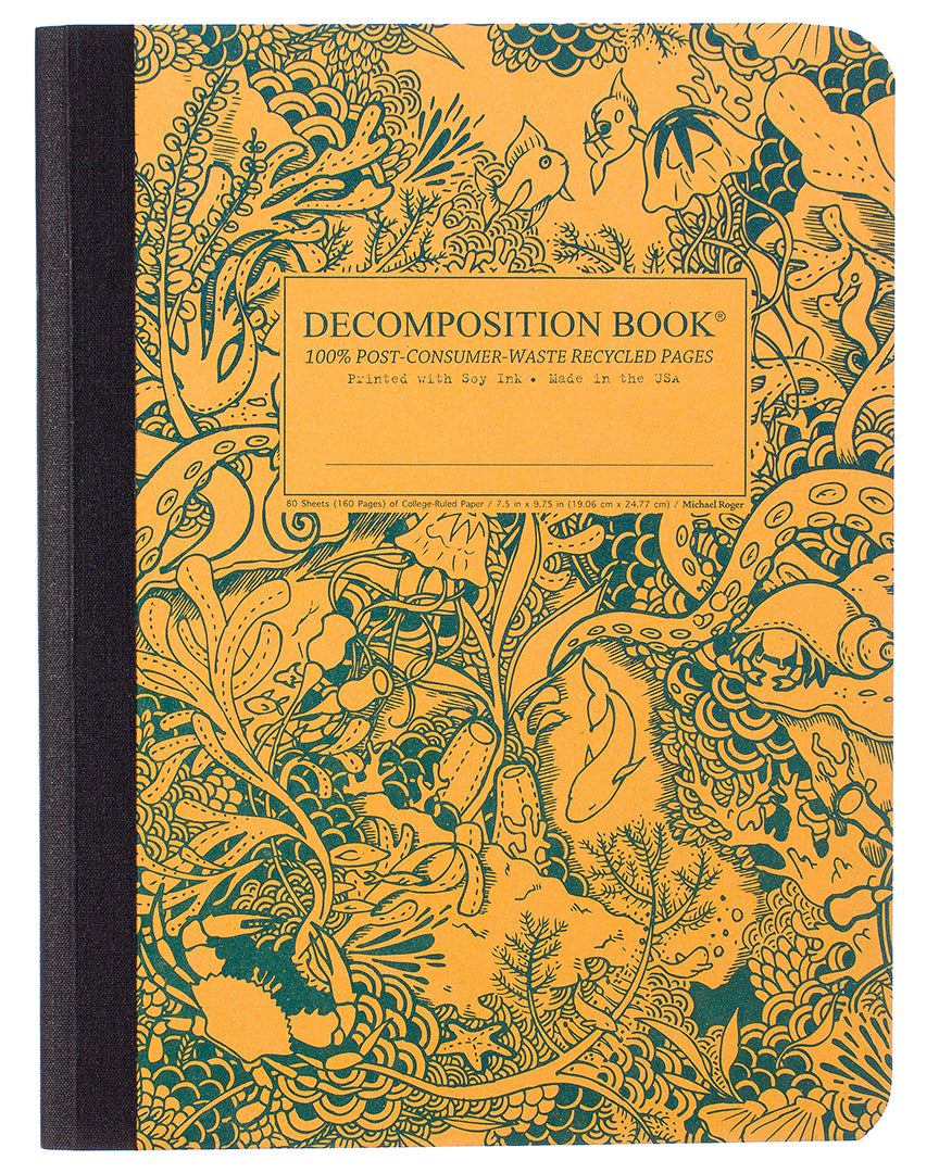 Composition notebook printed with a coral reef design in turquoise and yellow
