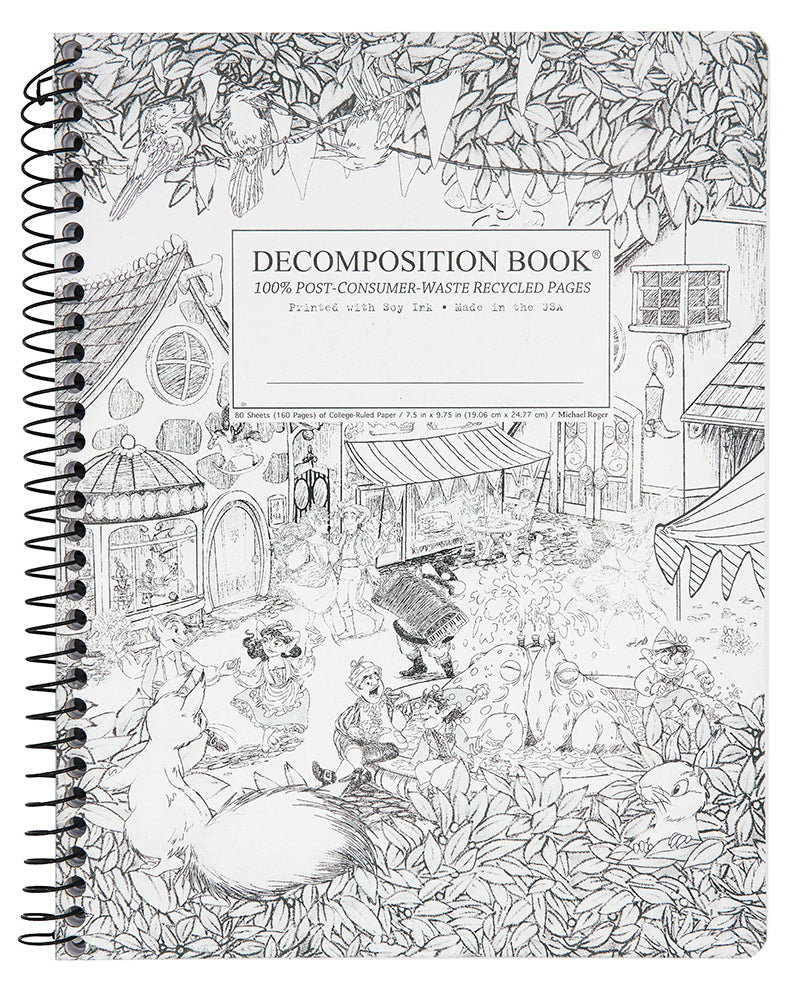 Spiral notebook printed with elves dancing in a town square