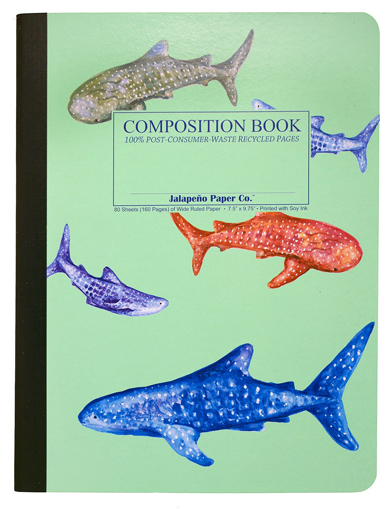 A composition notebook featuring colorful whale shark watercolors on green