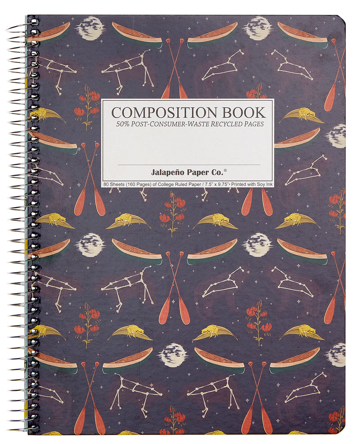 Spiral notebook printed with canoes and constellations 