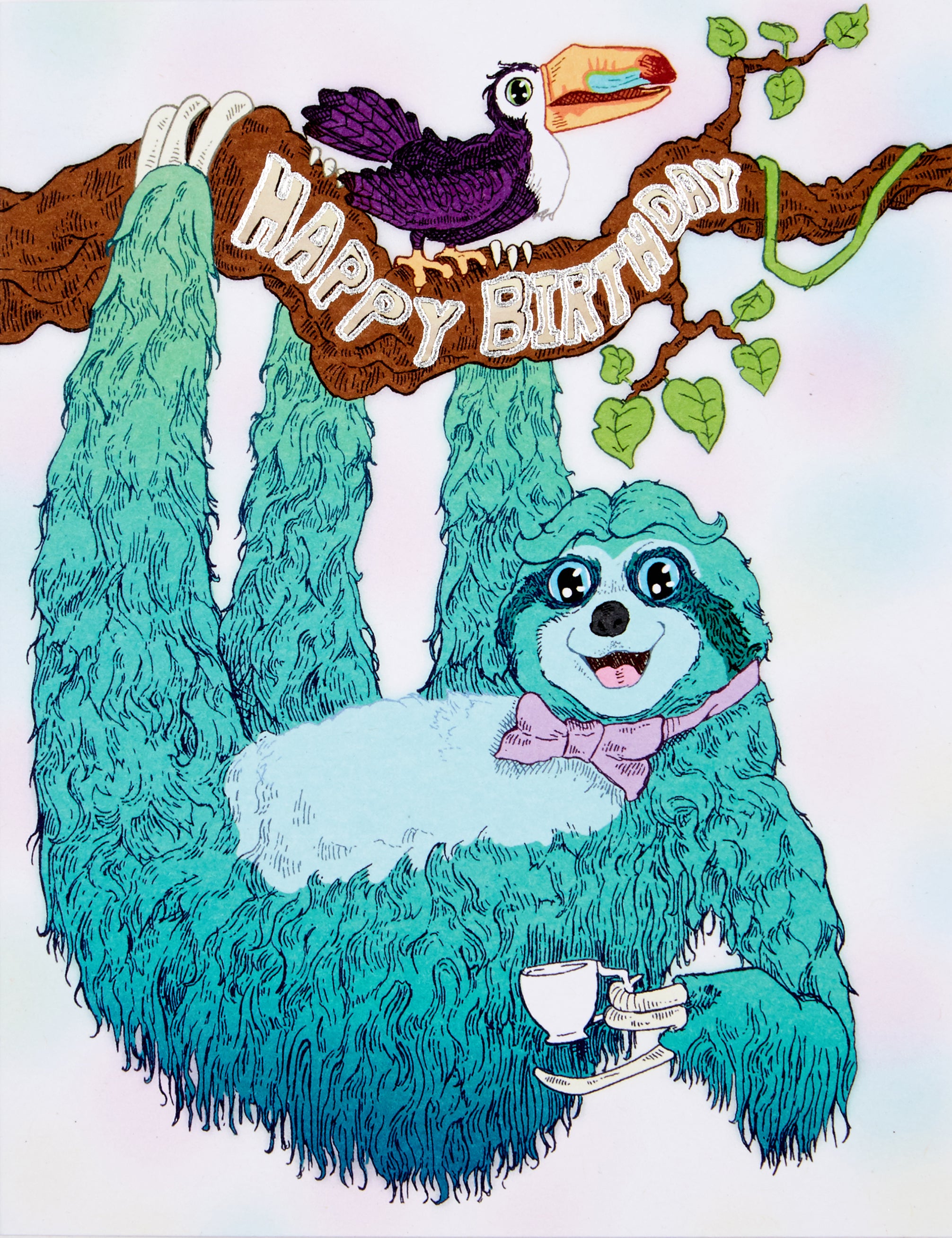 Greeting card with the text Happy Birthday and a hanging sloth