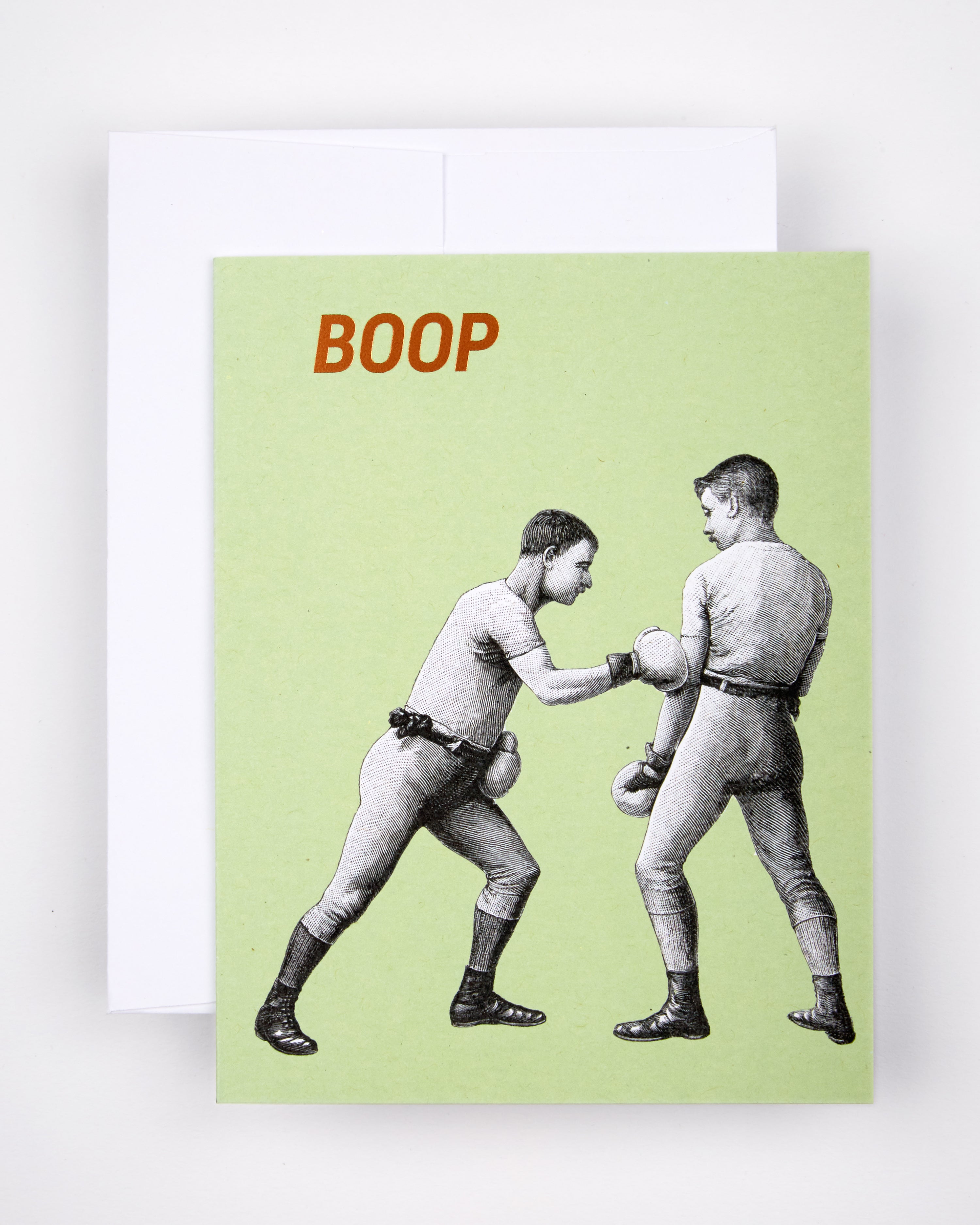 Greeting card printed with the text Boop and two vintage boxers
