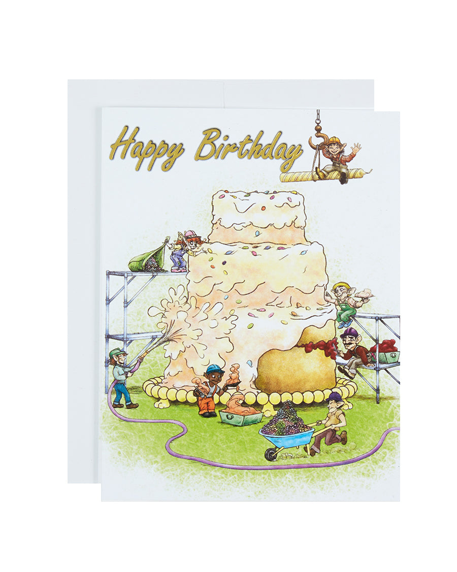 Greeting card with the text Happy Birthday and elves building a giant cake