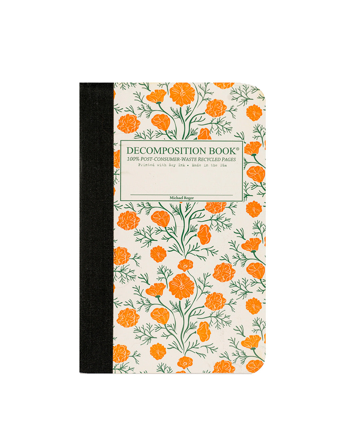 Composition notebook printed with a pattern of bright orange flowers