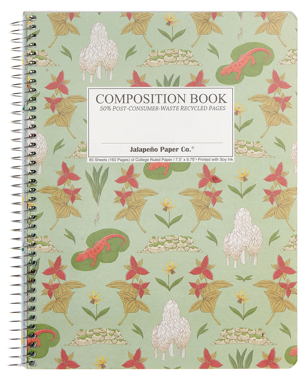 Spiral notebook printed with flowers, salamanders and mushrooms on light green