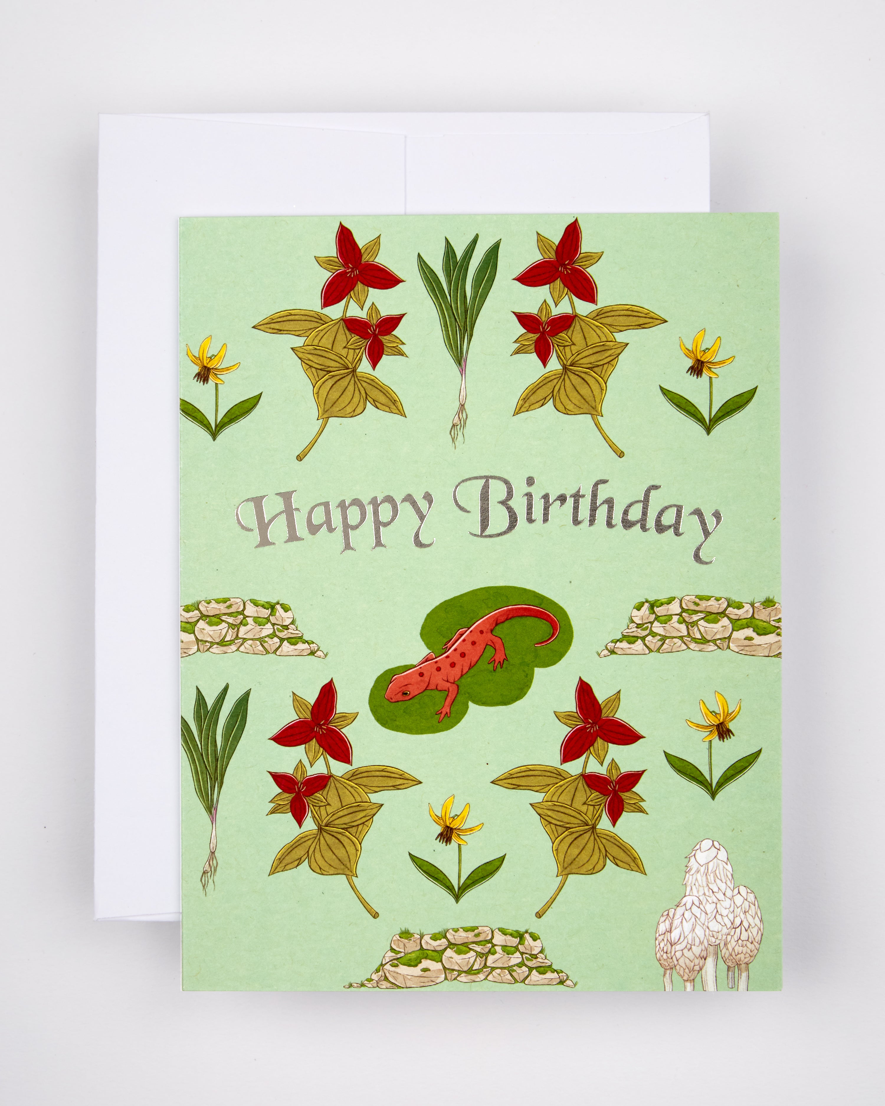 Greeting card with the text Happy Birthday amid flowers and a salamander