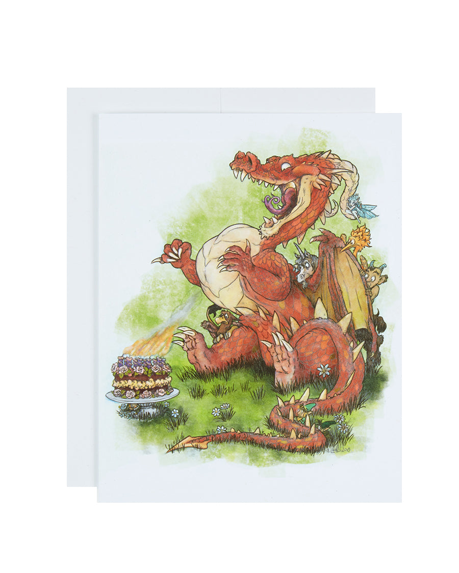Greeting card featuring a dragon taking a deep breath to blow out candles