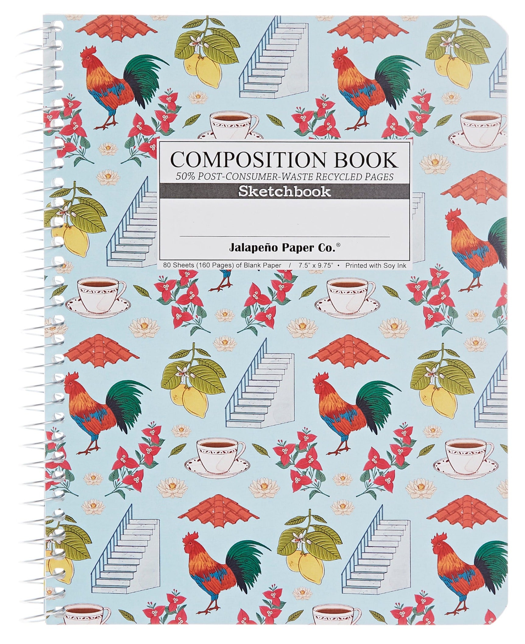 Spiral notebook printed with roosters, coffee cups and lemons