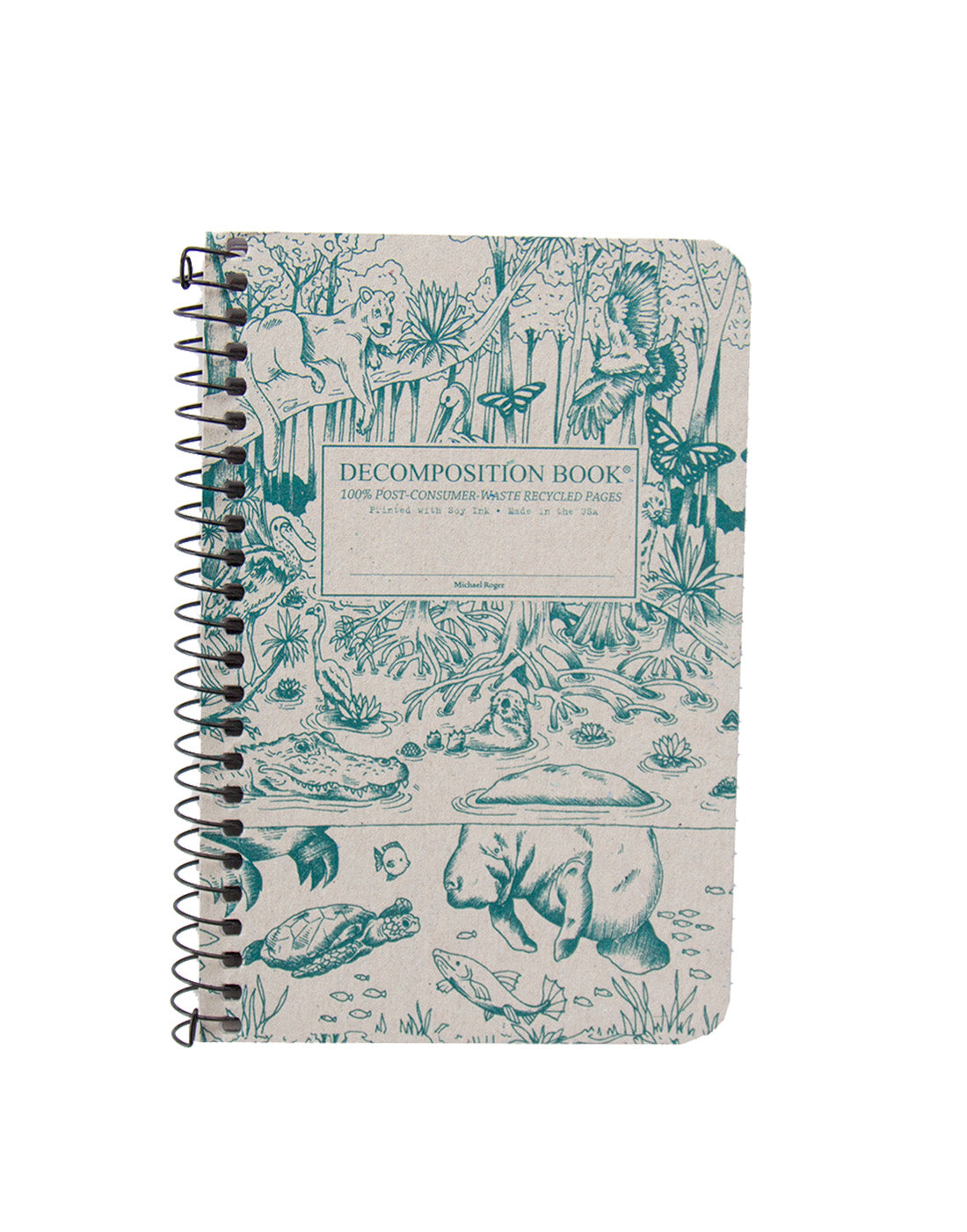 Spiral notebook printed with animals in a marshy forest