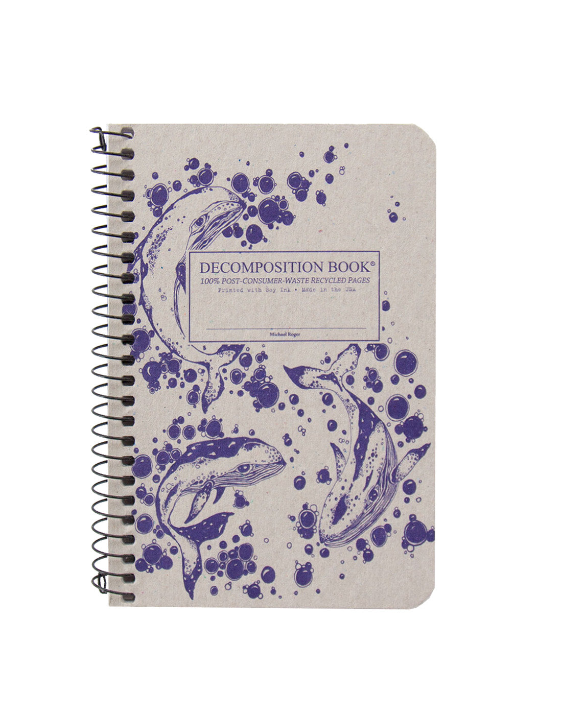 Spiral notebook printed with whales and bubbles in purple