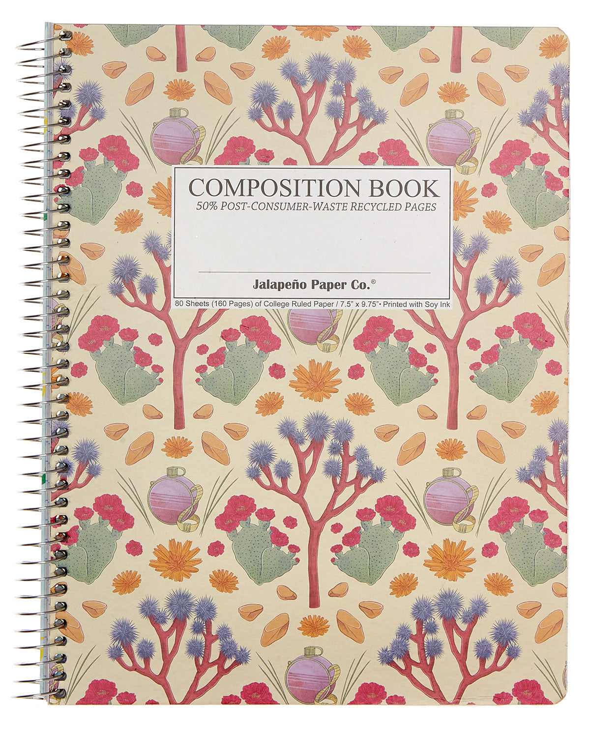 Spiral notebook printed with desert trees and flowers on a tan background