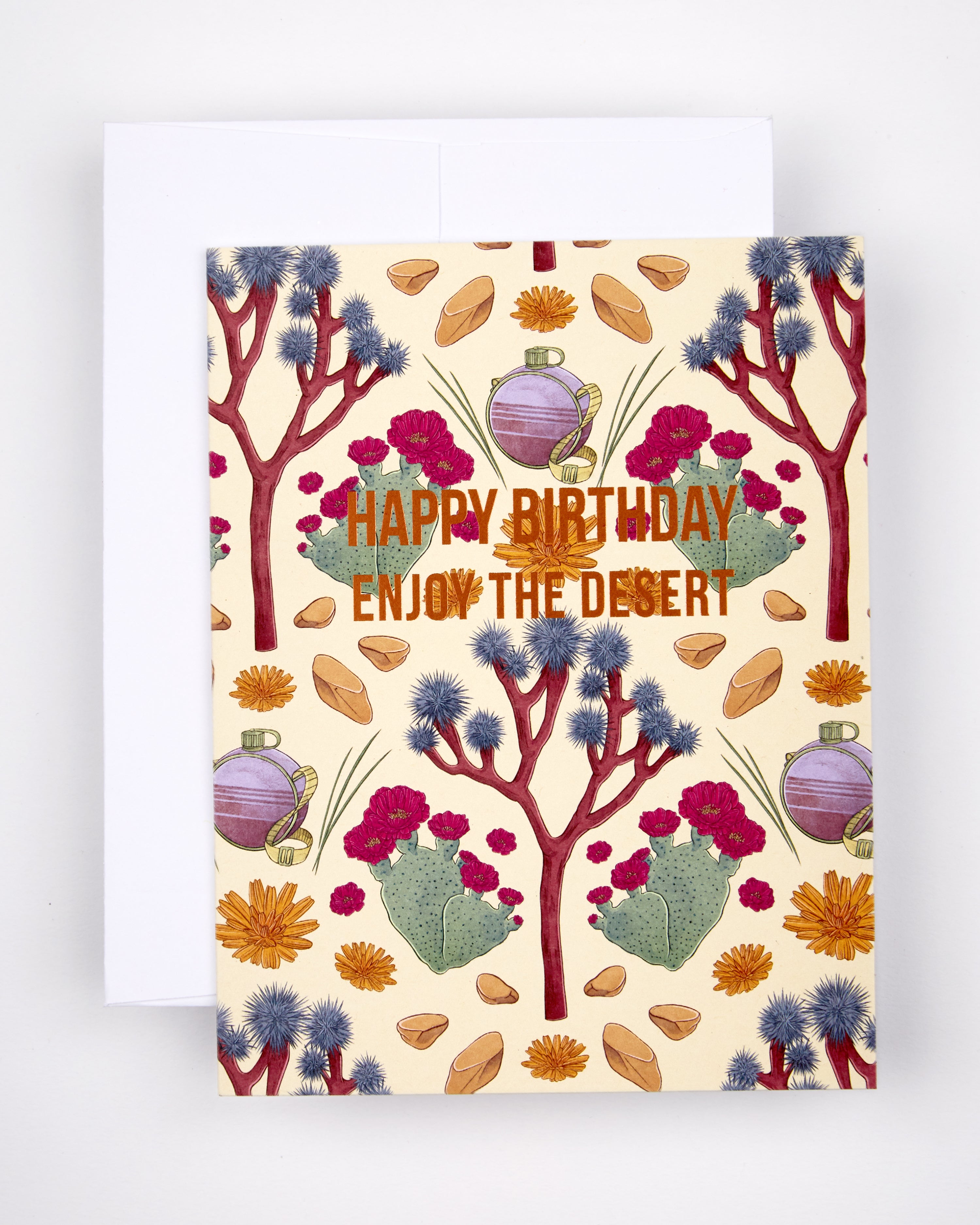 Greeting card with the text Happy Birthday Enjoy the Desert over a desert image