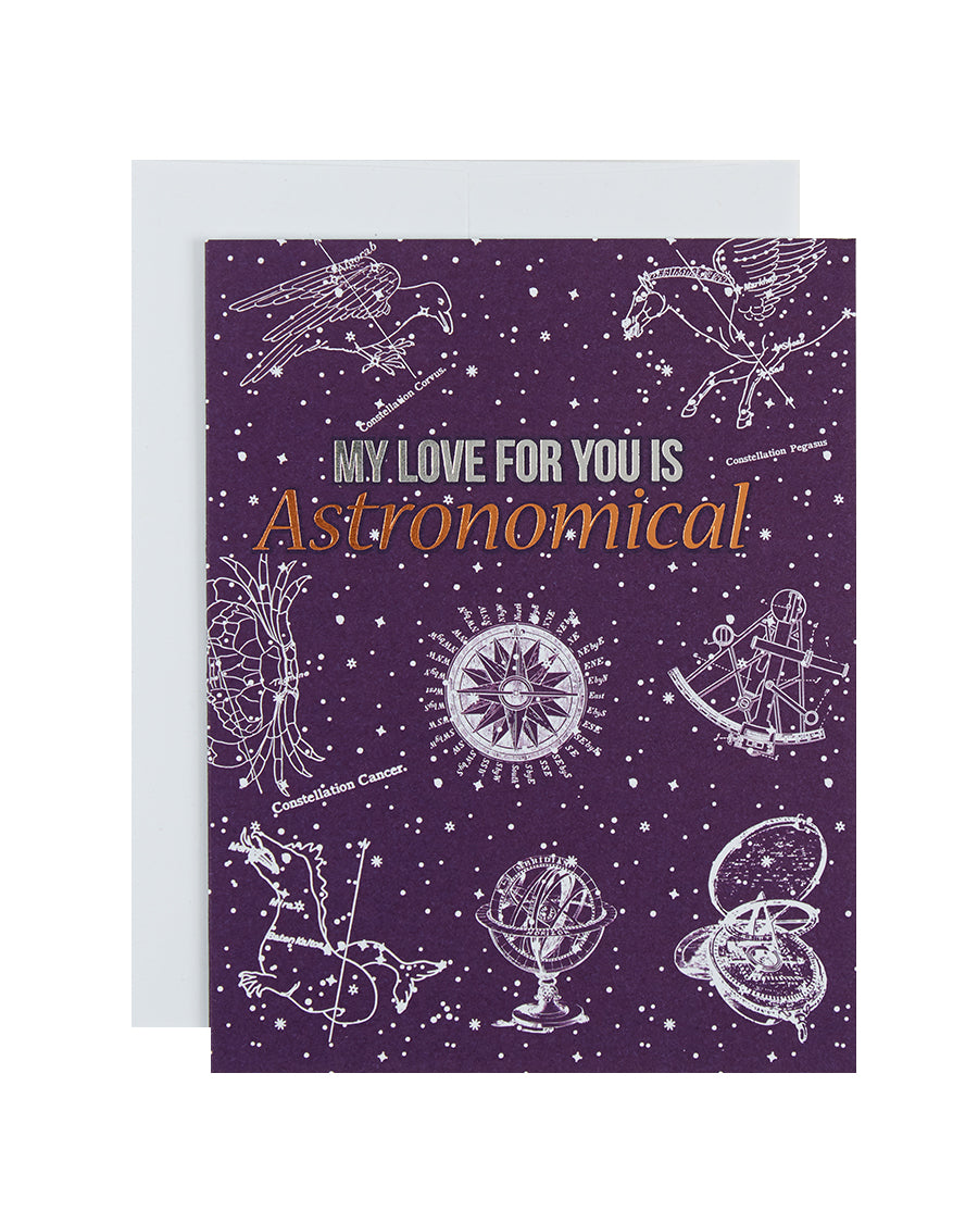 Greeting card with the text MY LOVE FOR YOU IS ASTRONOMICAL amid constellations