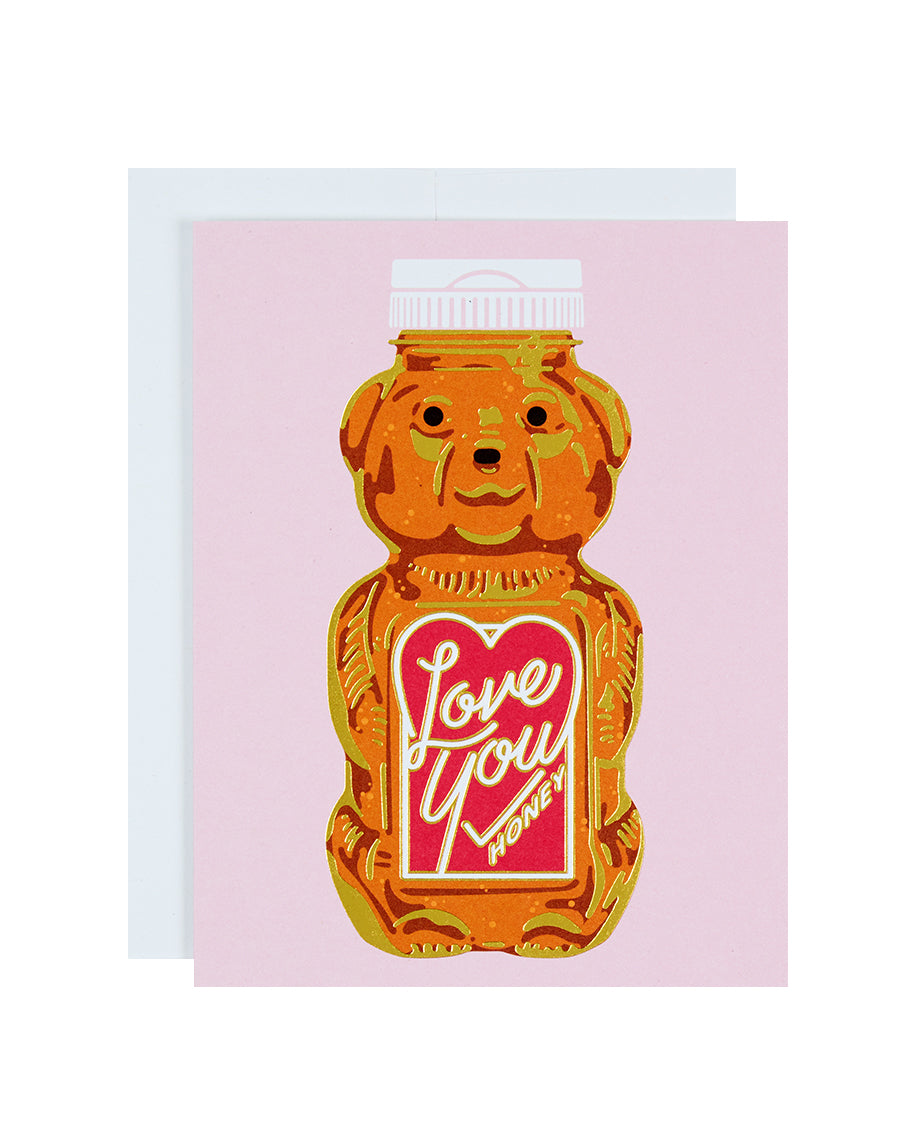 Greeting card with a bear-shaped honey jar and the text Love You Honey