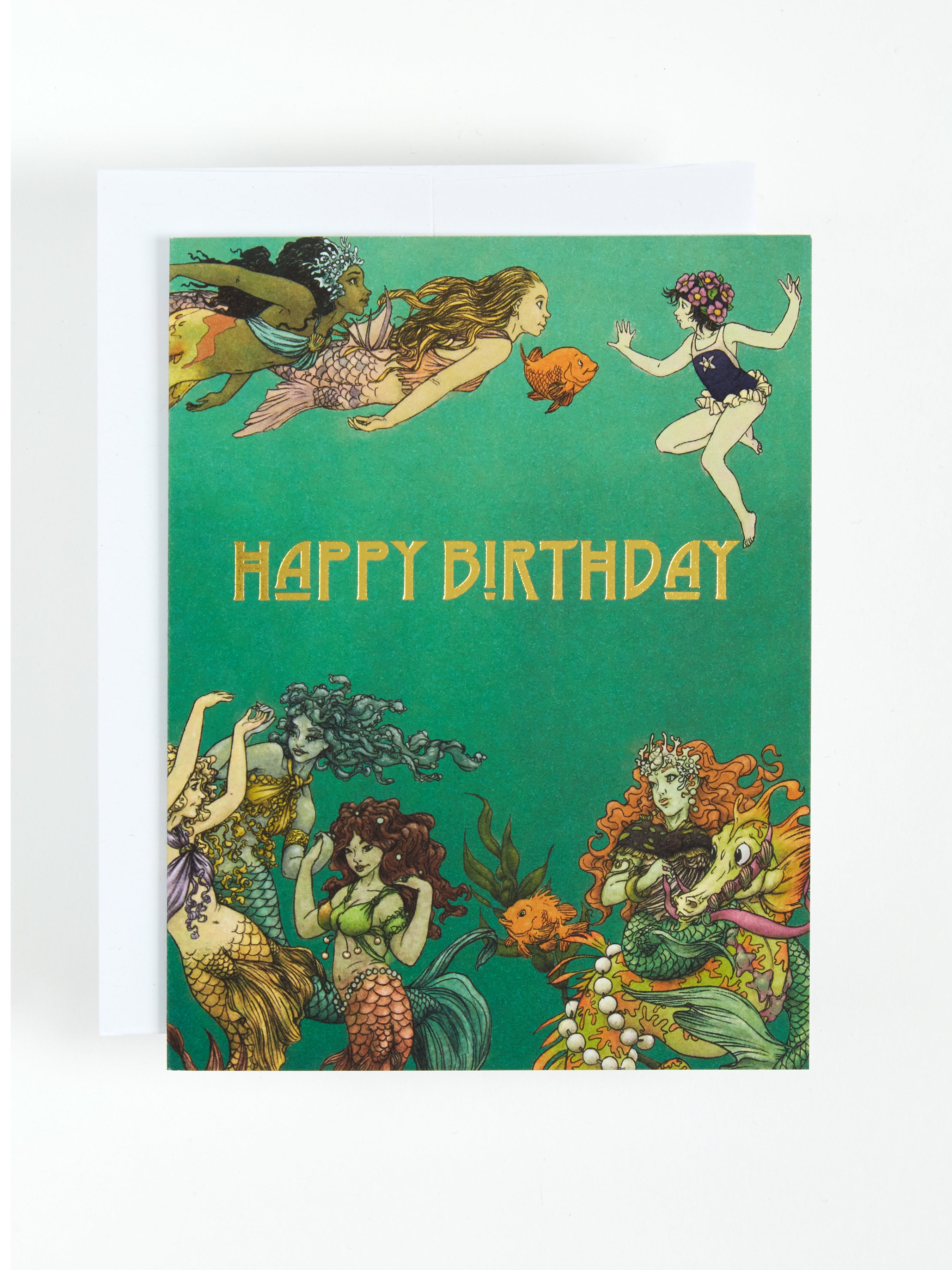 Greeting card with the text Happy Birthday and beautiful mermaids underwater